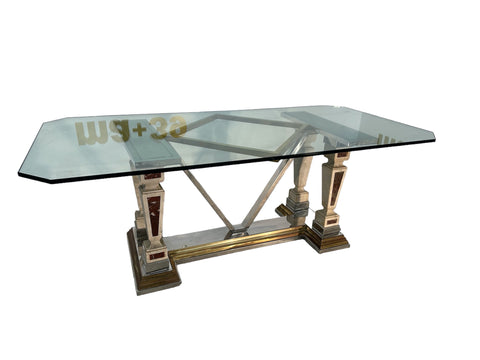 Mid-Century Modern Sculpted Metal And Marble Dining Table with Glass Top 1970