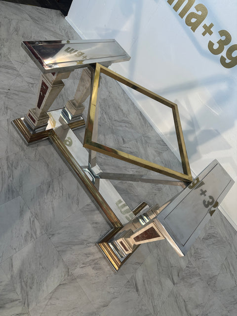 Mid-Century Modern Sculpted Metal And Marble Dining Table with Glass Top 1970